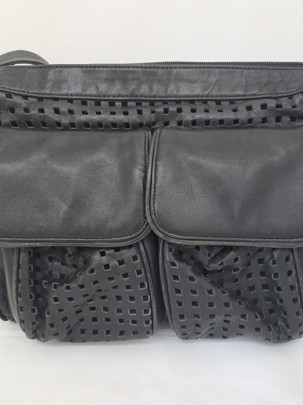 Women's Black Perforated Leather Shoulder/Crossbody Bag 9x7x3.5" Velvet Inner